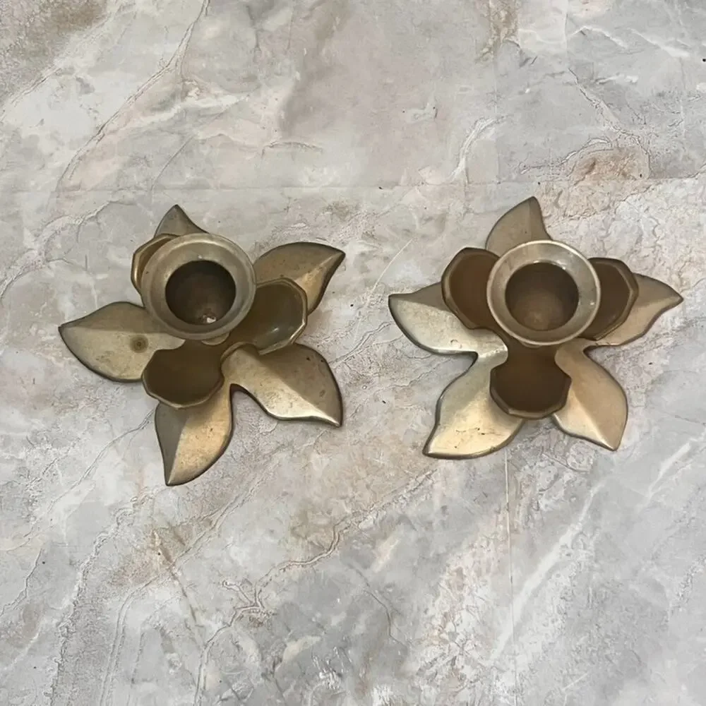 Pair of Vintage Lotus Flower Candlestick Holders Mid Century Modern Decor